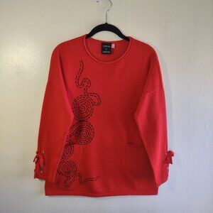 Cartise Red Sweater Top  Black Bead Embellishment Lace-Up Oversized Size Small